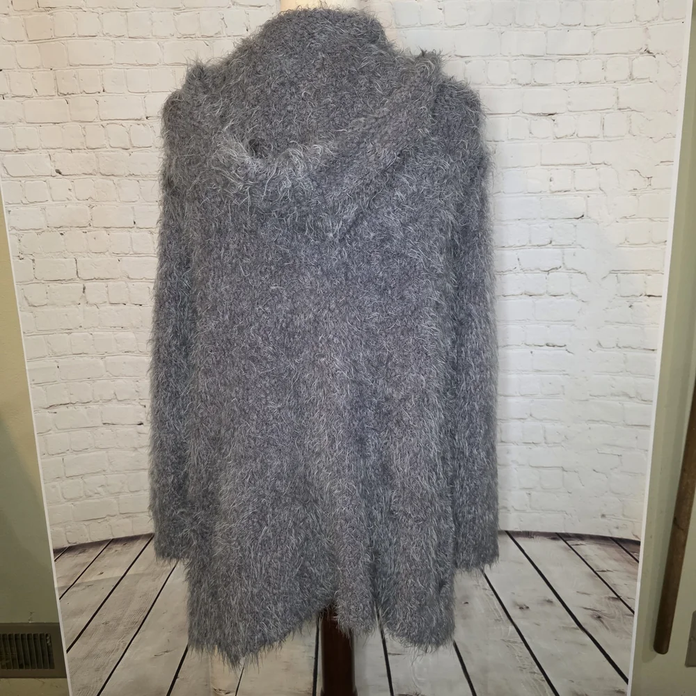 Military Hippie Gray Shaggy‎ Hooded Cardigan Sweater Fuzzy Boho Jacket L/XL
